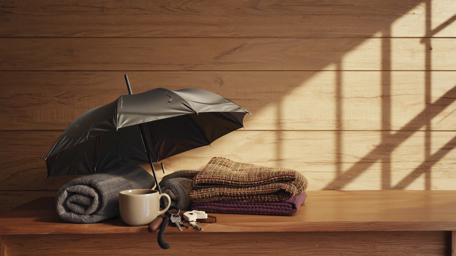 Aufgespannter Regenschirm, der schützend über Alltagsgegenständen wie Schlüsseln und einer Tasse auf einem Holztisch steht